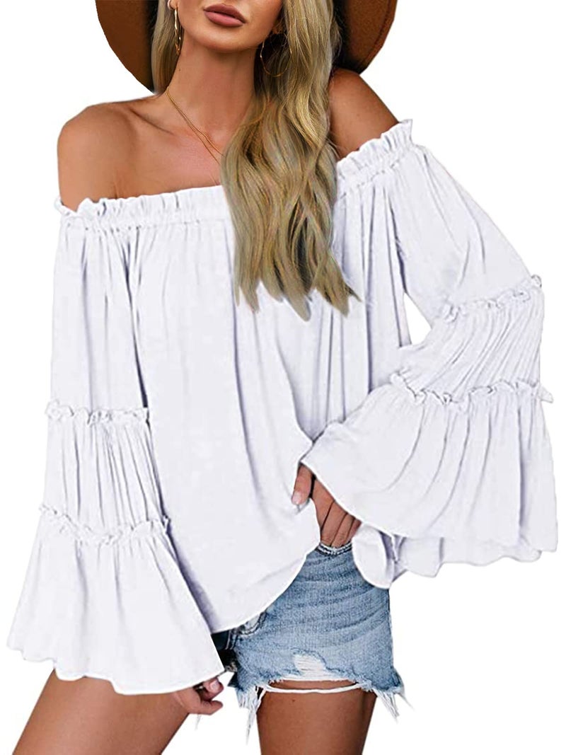 Farktop Womens Off The Shoulder Long Bell Sleeve Tops Flared Casual Loose Blouse (Z White, Medium) - Image 1